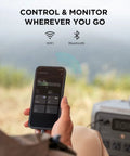 Person using smartphone app to control River 2 Pro Portable Power Station With 768Wh LiFePO4 Battery, 70 Minutes Fast Charging.