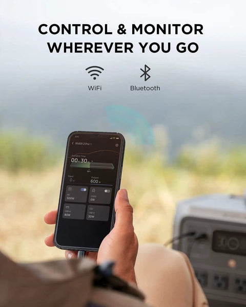 Person using smartphone app to control River 2 Pro Portable Power Station With 768Wh LiFePO4 Battery, 70 Minutes Fast Charging.