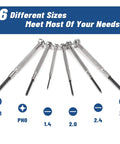 Six Piece Mini Precision Screwdriver Set With Flathead And Phillips Bits in various sizes, showing tips and handles