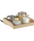 Soft Close Pull Out Cabinet Organizer 22.5 Inch Wide By 21 Inch Deep Wood Drawer Shelf For Kitchen Pantry and Base Cabinet Bottom Mount with pots and dishes.