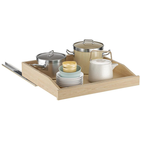 Soft Close Pull Out Cabinet Organizer 22.5 Inch Wide By 21 Inch Deep Wood Drawer Shelf For Kitchen Pantry and Base Cabinet Bottom Mount with pots and dishes.