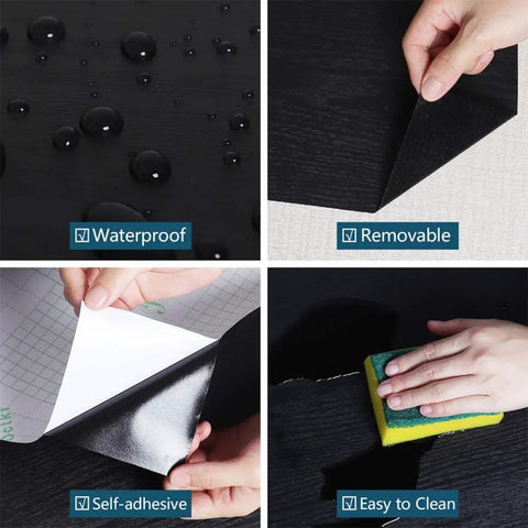 Gotta Have This Slick Black Peel And Stick Vinyl Wrap For Kitchen Countertops And Walls, showing waterproof and self-adhesive features.