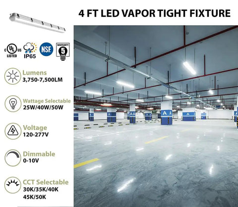No Frills 4Ft Led Vapor Tight Light Pumping Hard 7500 Peak Lumens For Real Garage Grind installed in a parking garage.