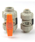 Straight Up Heavy Double True Union Ball Valve With Dependable Industrial Water Pipe Connector No Drama Plumbing Hose Fitting Clean Shut Off Valve For 20 To 50mm Utility Lines, featuring gray and orange design.