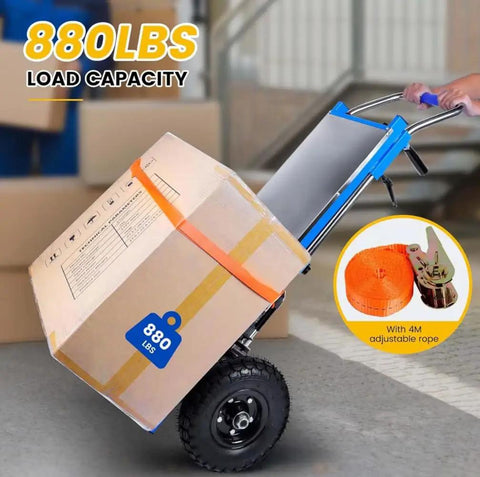 Professional Grade Electric Stair Climbing Dolly Engineered With A Beefy 1200W Brushless Motor That Powers Through Flights While Crushing 880 Lb Hauls Smooth Operation with a loaded box on a sturdy dolly.