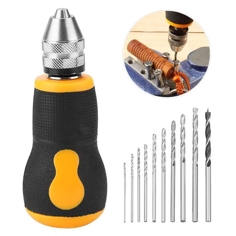 Tiny But Mighty 10 Pc Micro Mini Hand Drill Bits Set Portable Precision Bits For Wood Plastic Jewelry DIY Projects Model Making And Manual Crafting With Short Non Slip Handle For Easy One Hand Use, 10-piece hand drill set with bits