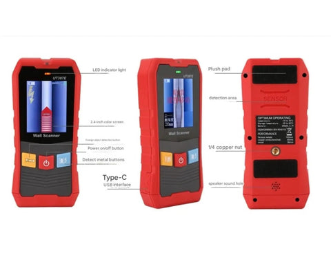 Badass Wall Scanner And Stud Finder Knocks Out Hidden Wood Studs Cables And Metal Wiring With Deep Scan Power, showing 2.4-inch screen, buttons, and LED indicator.