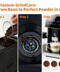 Premium Automatic Espresso Machine Featuring Integrated Grinder And Quick Froth Wand Plus 20 Bar Dual Boiler Coffee Maker With Seven Drink Presets Offering Hassle Free Maintenance And Matte Black Finish For ProLevel Brews At Home Daily showing grinding process from whole beans to powder.