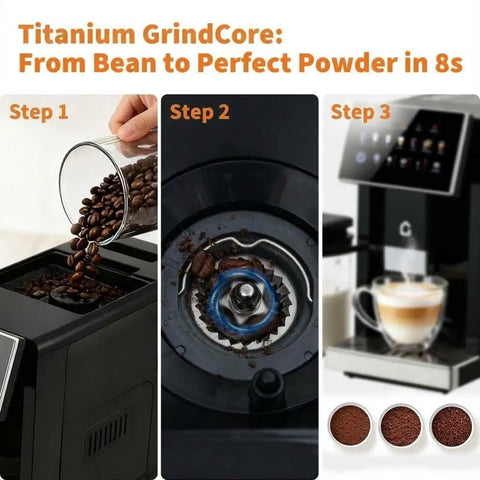 Premium Automatic Espresso Machine Featuring Integrated Grinder And Quick Froth Wand Plus 20 Bar Dual Boiler Coffee Maker With Seven Drink Presets Offering Hassle Free Maintenance And Matte Black Finish For ProLevel Brews At Home Daily showing grinding process from whole beans to powder.