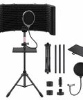 6 Panel Microphone Isolation Shield With Adjustable Metal Stand For Podcast Recording Studio Vocal Booth Sound Deadening Screen layout with microphone accessories.
