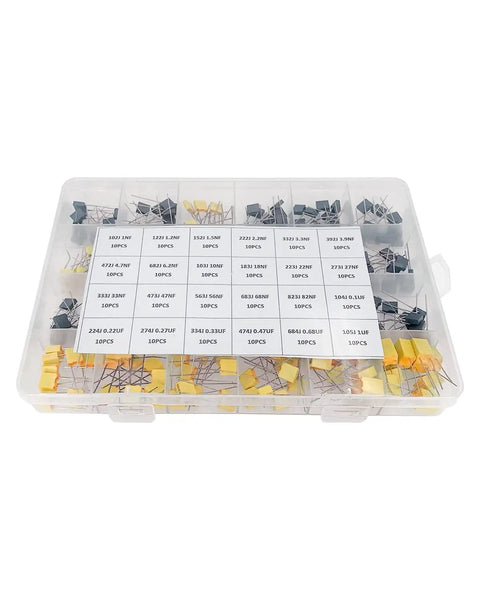 240 Piece Film Box Capacitor Kit With 24 Values Polyester Box Capacitors From 1nF To 1uF MKT PET 63V-100V labeled assortment box
