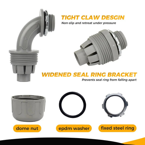 One Half Inch Liquid Tight PVC Conduit Fittings Kit With Twenty Pack Straight And 90 Degree Non Metallic Nylon 6 Connectors UL Listed Grey