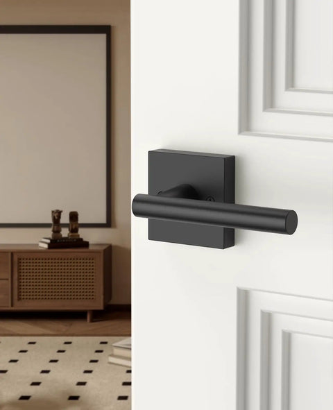 Four Pack Matte Black Dummy Interior Door Handles With Keyed Entry From Outside And Thumb Button Lock Inside on white door