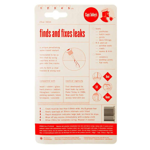 Back of packaging for Deeply Penetrating Hairline Crack Sealant For Leak Repair, instructions and compatibility features visible.
