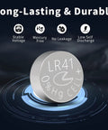 Premium Leak Proof LR41 Button Batteries AG3 Alkaline Cells 10 Pack displayed on a digital background highlighting features.