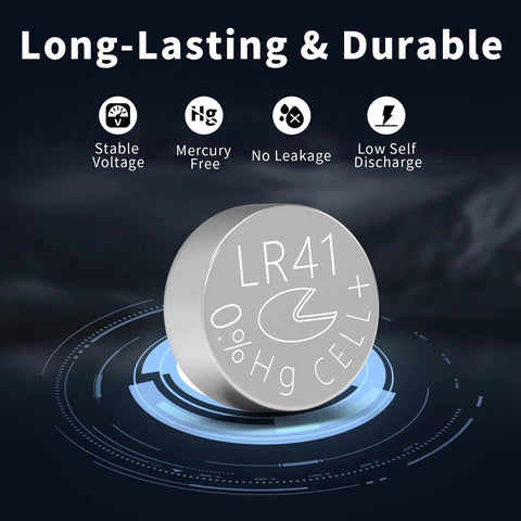 Premium Leak Proof LR41 Button Batteries AG3 Alkaline Cells 10 Pack displayed on a digital background highlighting features.