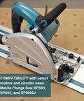 Heavy Duty 110 Inches Aluminum Guide Rail For Track Saws And Routers With Connector Kit attached to a Makita plunge saw on a work surface.