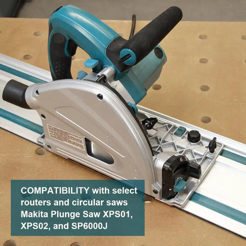 Heavy Duty 110 Inches Aluminum Guide Rail For Track Saws And Routers With Connector Kit attached to a Makita plunge saw on a work surface.