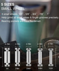 Diagram showing 5 sizes of 2x72 Small Wheel Holder Set With 5 Diameters For Knife Making for tight bevels and contours.