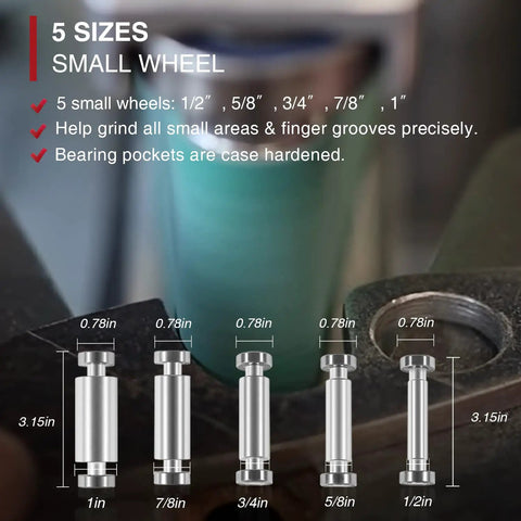 Diagram showing 5 sizes of 2x72 Small Wheel Holder Set With 5 Diameters For Knife Making for tight bevels and contours.