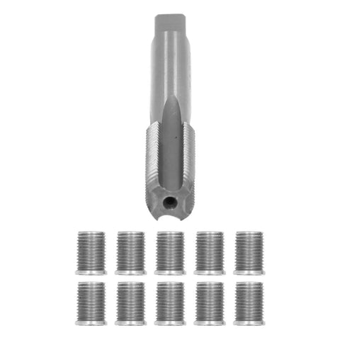 Spark Plug Thread Repair Kit M10x1.25 M12x1.25 stainless steel tap and die set with inserts for engine repair.