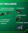 Five Inch Angle Grinder With High Torque And Brushless 12 Amp AC Motor kit includes toolless wheel guard, side handle, filter set.