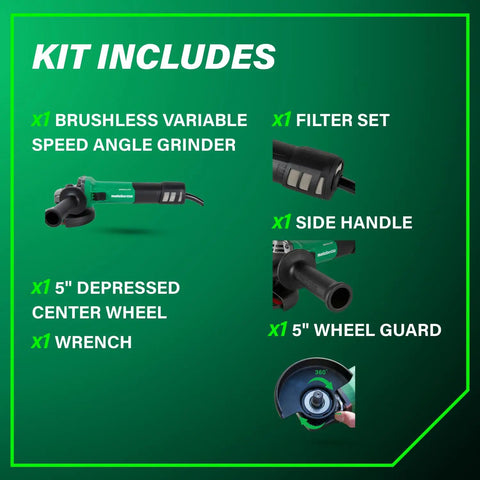 Five Inch Angle Grinder With High Torque And Brushless 12 Amp AC Motor kit includes toolless wheel guard, side handle, filter set.