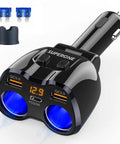 Beefed Up 180W Dual Cigarette Lighter Splitter With Independent Switches And Two Sockets QC3 And 20W PD USB C Car Charger