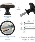 Coast Style Crystal Glass Cabinet Knob Set 4 Pack Round Drawer Pulls with screws, showing dimensions and landscape design.