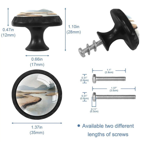 Coast Style Crystal Glass Cabinet Knob Set 4 Pack Round Drawer Pulls with screws, showing dimensions and landscape design.
