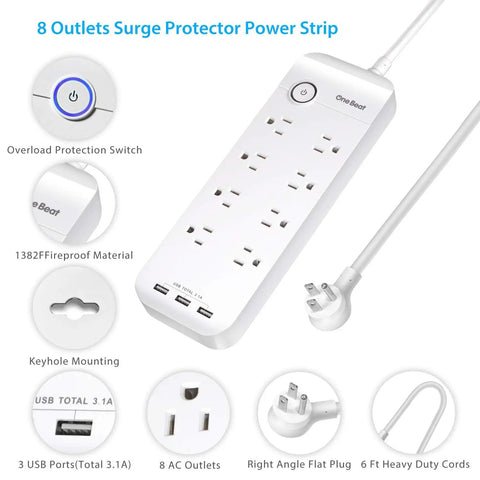 Power Strip Surge Protector With Eight Outlets And Three USB Ports For Fast Charging, 6ft flat plug extension, wall mountable.