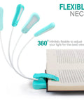 Rechargeable Book Light For Reading In Bed With 3 Color Temperatures And 3 Brightness Levels Ultra Lightweight Travel Buddy With Up To 70 Hours Of Battery Life Blue, flexible neck model clipped to a book, showing 360-degree adjustability.