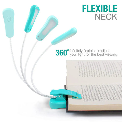 Rechargeable Book Light For Reading In Bed With 3 Color Temperatures And 3 Brightness Levels Ultra Lightweight Travel Buddy With Up To 70 Hours Of Battery Life Blue, flexible neck model clipped to a book, showing 360-degree adjustability.