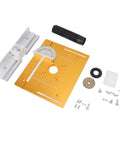 Orange aluminum router table insert plate with central hole and ruler scale, plus fence rail and mounting hardware