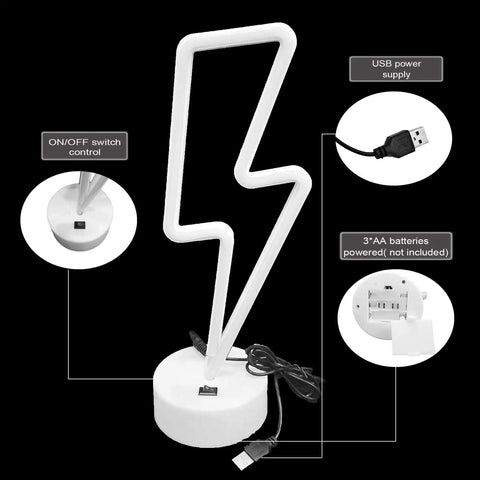 Lit Lightning Bolt Neon Sign With Base USB And Battery Powered Blue LED Light For Bedroom Decor showing USB and battery options