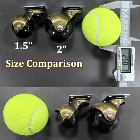 Size comparison of heavy duty caster wheels with tennis ball and measuring scale