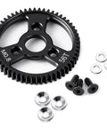 56T steel spur gear set for 1/10 RC cars, shown with screws and washers, featuring Steel Spur Main Gear For 1 To 10 RC Cars 0.8M Module 32P