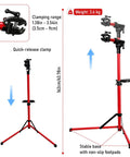 Upgraded Bike Repair Stand Pro Grade, red, showing aluminum frame, 110 lb support, 360° rotation, stable base with measurements displayed.