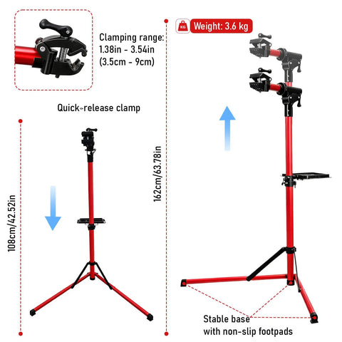 Upgraded Bike Repair Stand Pro Grade, red, showing aluminum frame, 110 lb support, 360° rotation, stable base with measurements displayed.