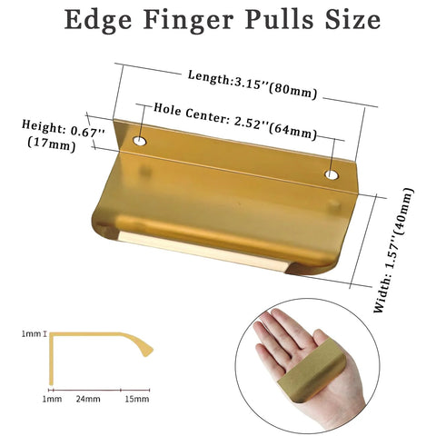 Gold Adhesive Edge Finger Pulls For Cabinets 5 Pack With Screws And Tape Flat Hidden Bar Pulls dimensions illustration.
