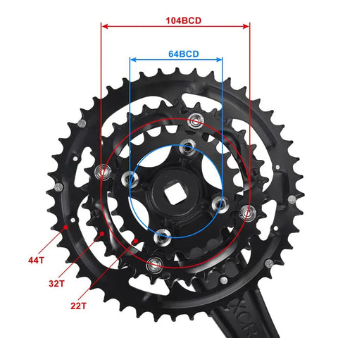 Beefy Three Piece 9 Speed Crankset With 44T 32T 22T Chainrings, 170mm Crank Arms, 104 BCD Square Taper, MTB Ready diagram