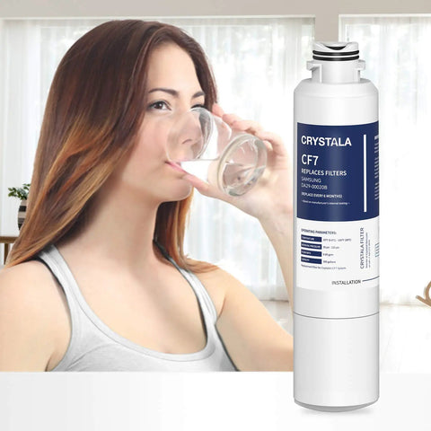 Woman drinking water with Fridge Water Filter Replacement for Samsung DA29-00020B 4 Pack HAF-CIN Compatible NSF ANSI 53 Certified