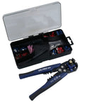 Top Shelf Automatic Wire Stripper Crimper And Cutter Handy Multi Tool With Adjustable Insulated Grip and terminal kit in plastic case.