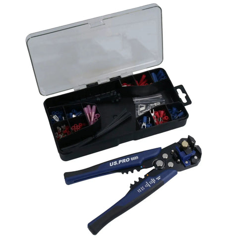 Top Shelf Automatic Wire Stripper Crimper And Cutter Handy Multi Tool With Adjustable Insulated Grip and terminal kit in plastic case.