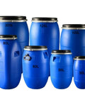 Open Top Plastic Water Barrels With Airtight Latch Ring Built Tough, sizes 30L to 200L, blue HDPE for stacking and storage.