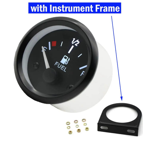 12V Fuel Level Gauge For Cars And Boats With White LED Backlight Universal Fuel Meter Replacement High Sensitivity Readout And Smooth Needle Movement Easy Install For Accurate Fuel Tank Monitoring, with instrument frame