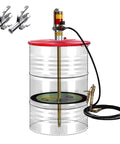 No Sweat Slick Air Powered Grease Pump Kit For 55 Gallon Drums with aluminum head, hose, and attachment on steel barrel.