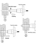 Diagram showing operation of Heavy Duty Stainless Steel T Handle Locking Pin With Push Button Quick Release And Lanyard, Five Eighths Inch Pin Diameter, Three And Five Thirty Second Inch Usage Length.