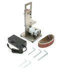 Jauarta Mini Belt Sander With Aluminum Alloy Body, compact machine with sanding belts, motor, and accessories for metal and wood polishing.