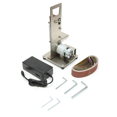 Jauarta Mini Belt Sander With Aluminum Alloy Body, compact machine with sanding belts, motor, and accessories for metal and wood polishing.